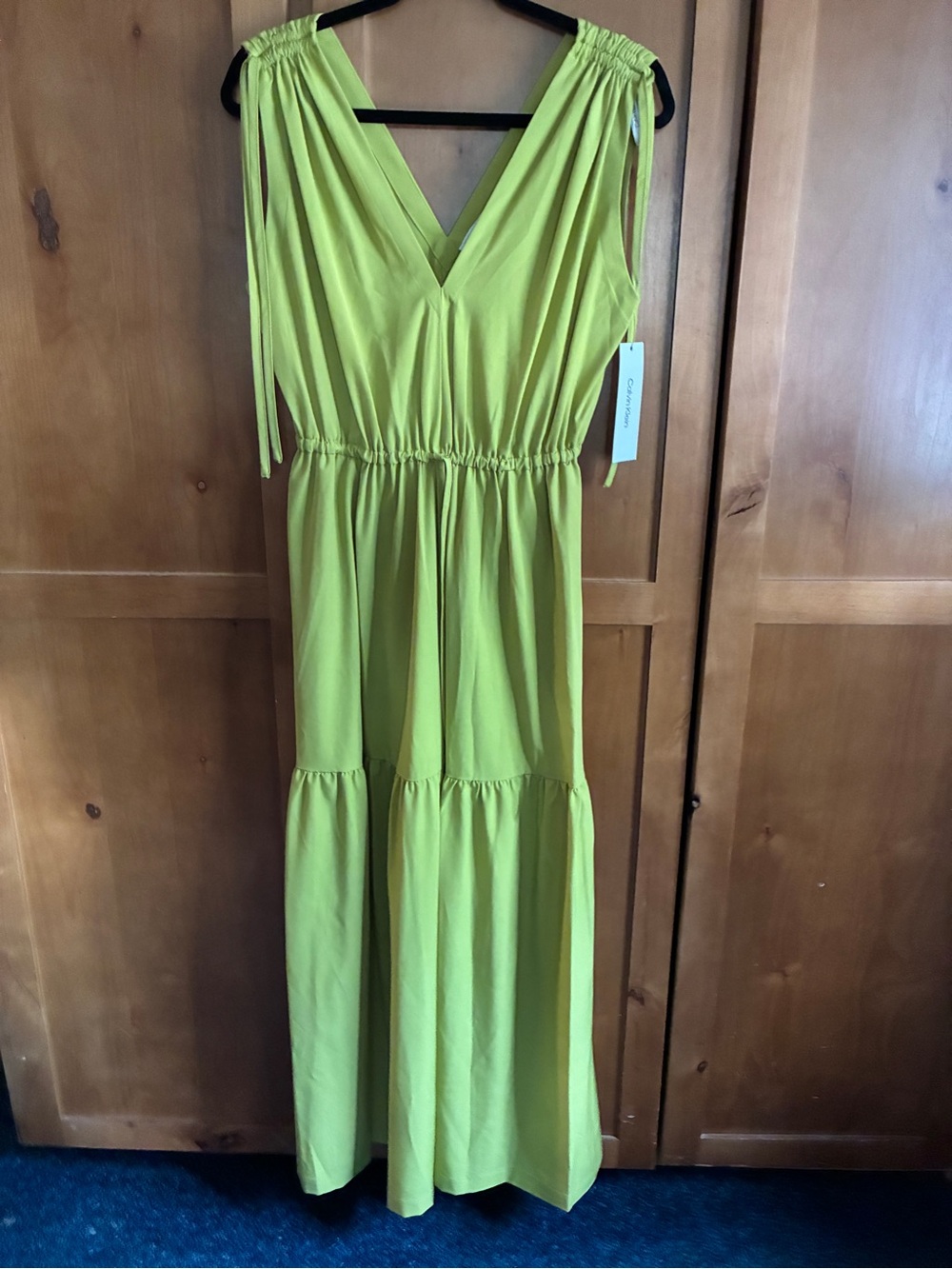 Calvin Klein Lime Green V-Neck Tiered Maxi Dress #112